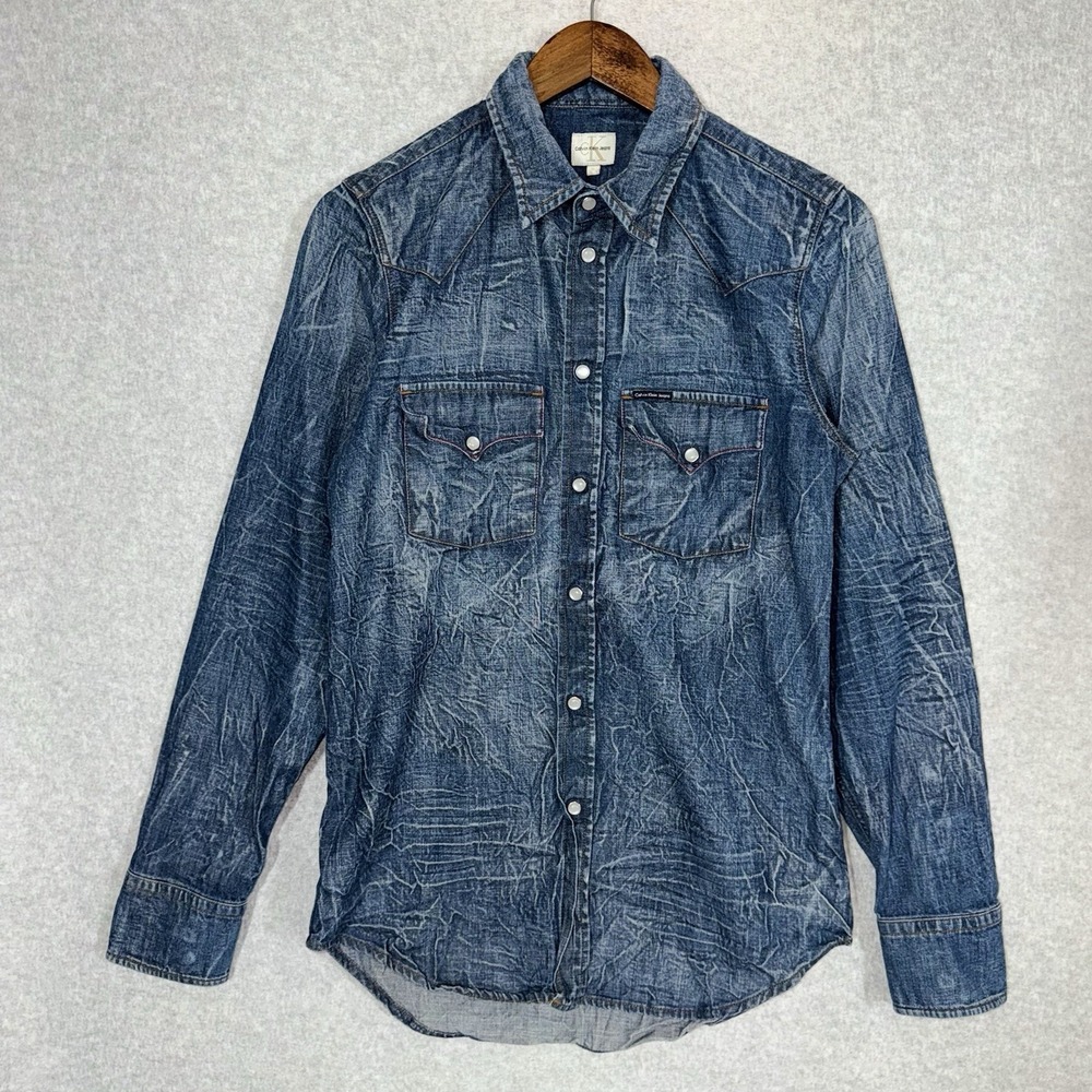 VINTAGE Calvin Klein Crushed Denim Pearl Snap Shirt Mens Small‎ Western Rodeo